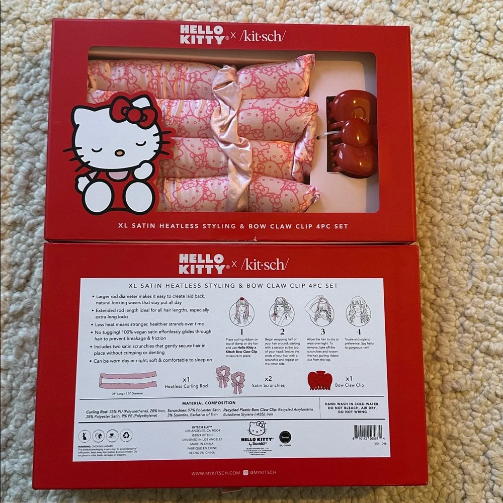 Hello Kitty Pink Satin Heatless Styling & Bow Claw Clip Set